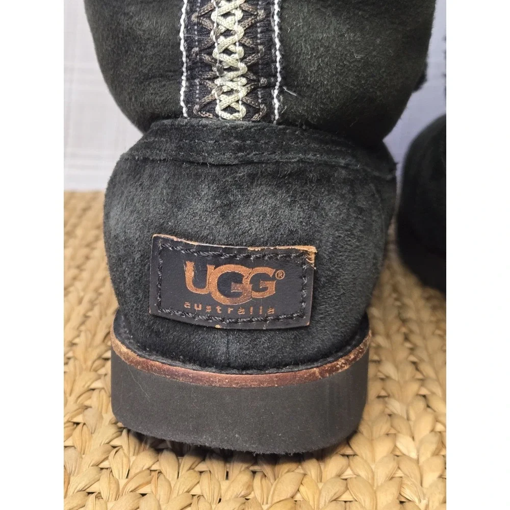 UGG Rommy Lace Up Winter Boots Womens Size 7‎ Black Leather Sheepskin Snow Warm